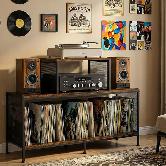 Spacious Vintage Record Player Table - Holds 150-250 Vinyl Albums, Adjustable Dividers, Side Display Areas - Ideal for Living Room, Bedroom, Office
