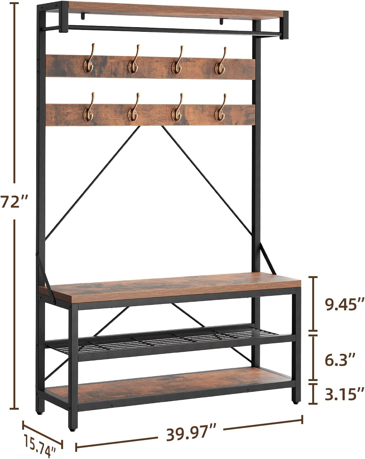 Coat Rack Shoe Bench Industrial Hall Tree Storage Bench for Entryway, Wood Look Accent Large Shoe Rack with Storage Shelf Hanging Bar,8 Hooks Rustic Brown 39.9"X15.7"X72"