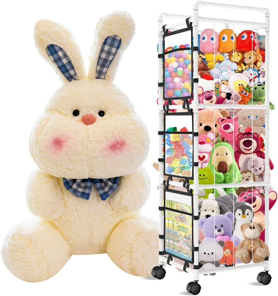 Stuffed Animal Storage with Storage Bags，Sturdy PVC Tubes，Toy Storage Organizer with Brake Wheels，Nursery Storage Shelf for Playroom Bedroom Nursery Room Kids Room