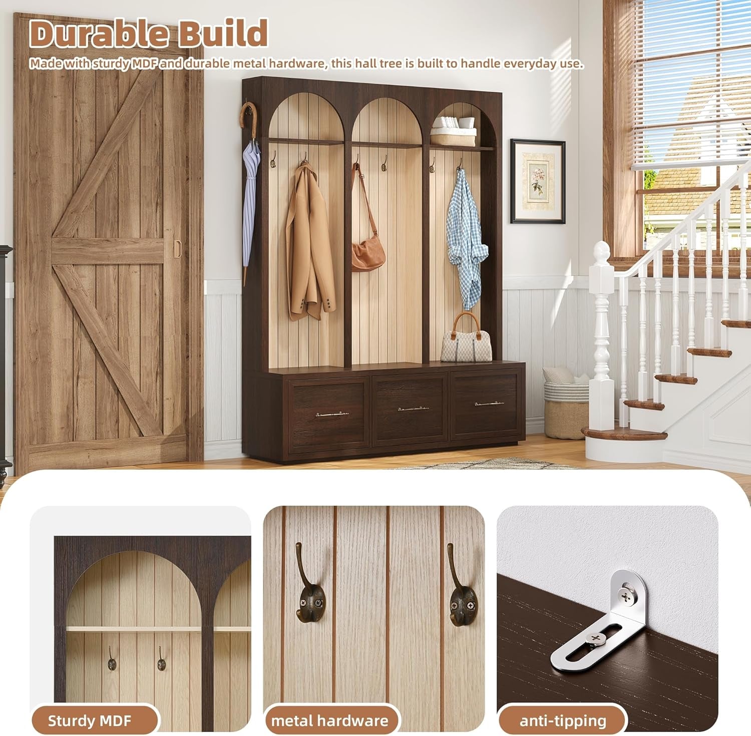 Hall Tree with Bench & 3 Large Storage Drawers, Arched Design Farmhouse Wooden Style 59" Wide Entryway Coat Rack with 8 Hooks for Mudroom, Living Room (Dark Walnut, 74.8" H)