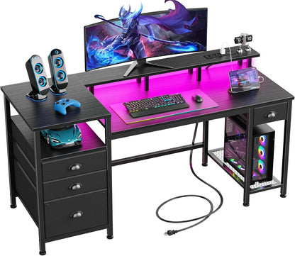 60" Black Computer Desk with 4 Drawers and Printer Space, Gaming Desk with LED Lights and USB Power Outlets, Home Office Desk with Fabric File Cabinet,Study Work Table with Shelf for Bedroom