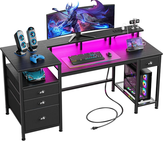 60" Black Computer Desk with 4 Drawers and Printer Space, Gaming Desk with LED Lights and USB Power Outlets, Home Office Desk with Fabric File Cabinet,Study Work Table with Shelf for Bedroom