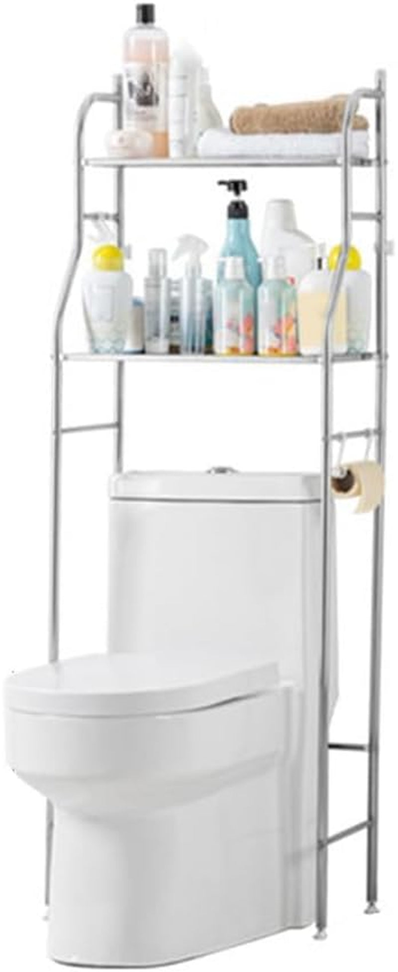 3-Tier over the Toilet Storage, Freestanding Metal Bathroom Shelves, above Toilet Storage Rack with Hooks and Paper Holder, Space-Saving, for Bathroom Restroom Laundry, White