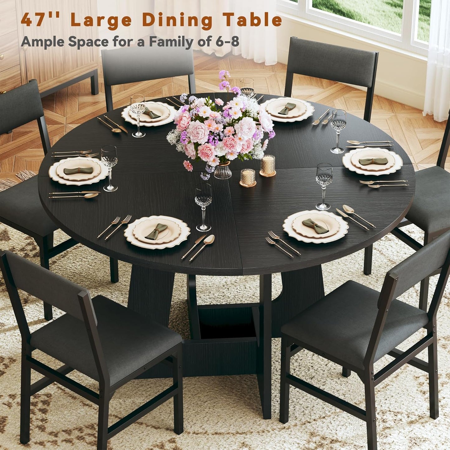 round Dining Table Set for 6, 7-Piece Kitchen Table and Chairs for 6, 47'' round Dining Room Table Set with 6 Chairs, Space Saving Dining Table with Wood Base for Kitchen, Living Room, Black