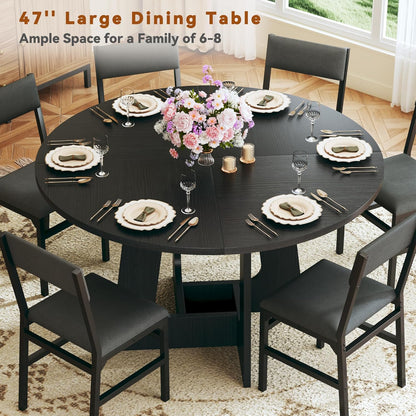 round Dining Table Set for 6, 7-Piece Kitchen Table and Chairs for 6, 47'' round Dining Room Table Set with 6 Chairs, Space Saving Dining Table with Wood Base for Kitchen, Living Room, Black