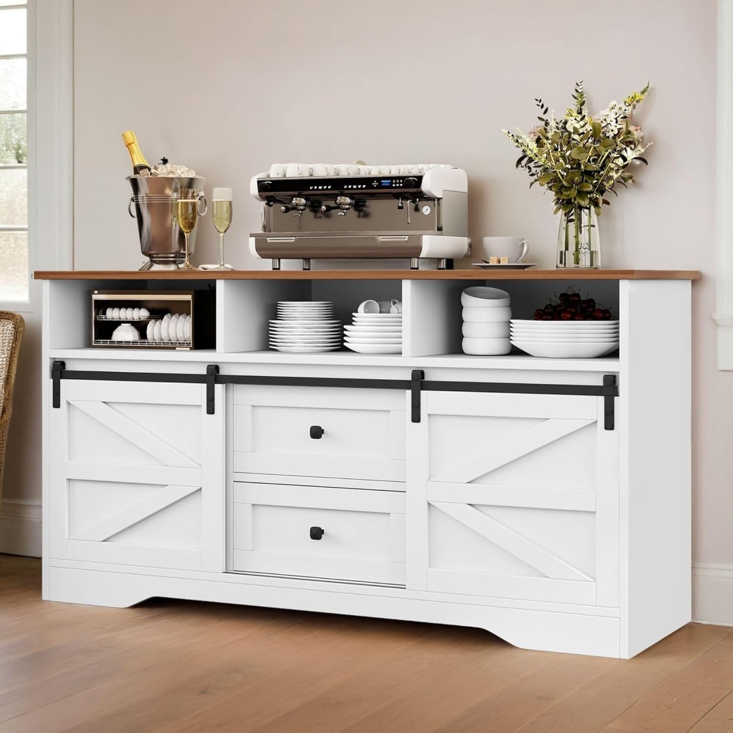 Buffet Cabinet with Drawers, 59" Large Sideboard Buffet Storage Cabinet with Shelves and Doors, Modern Farmhouse Coffee Bar Station Wood Kitchen Table for Kitchen, Dining Room, White