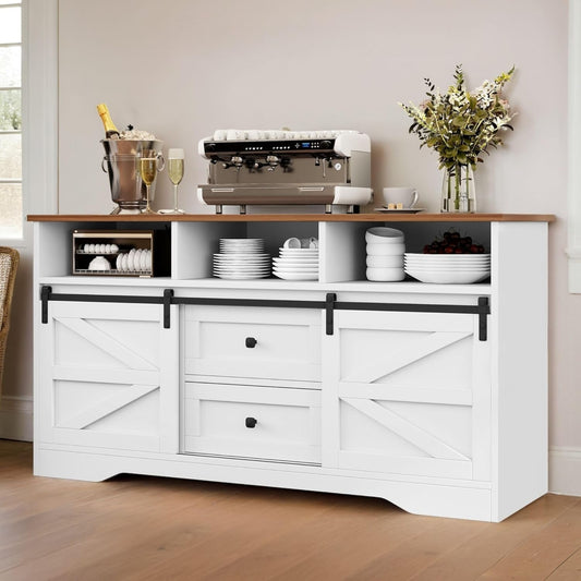 Buffet Cabinet with Drawers, 59" Large Sideboard Buffet Storage Cabinet with Shelves and Doors, Modern Farmhouse Coffee Bar Station Wood Kitchen Table for Kitchen, Dining Room, White