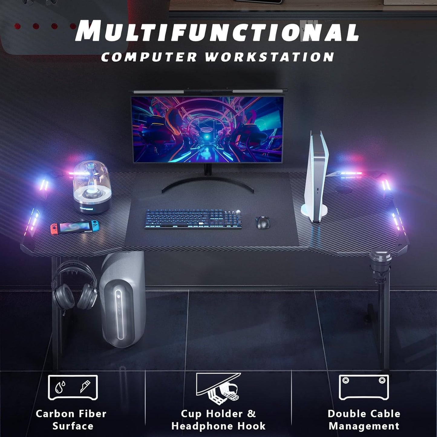 47 Inch Gaming Desk with LED Lights, Large RGB Computer Gaming Desk Table with Cup Holder Headphone Hook Mouse Pad, Ergonomic Modern Carbon Fiber Mesa Gamer Pc Work Home Office Desks, Black