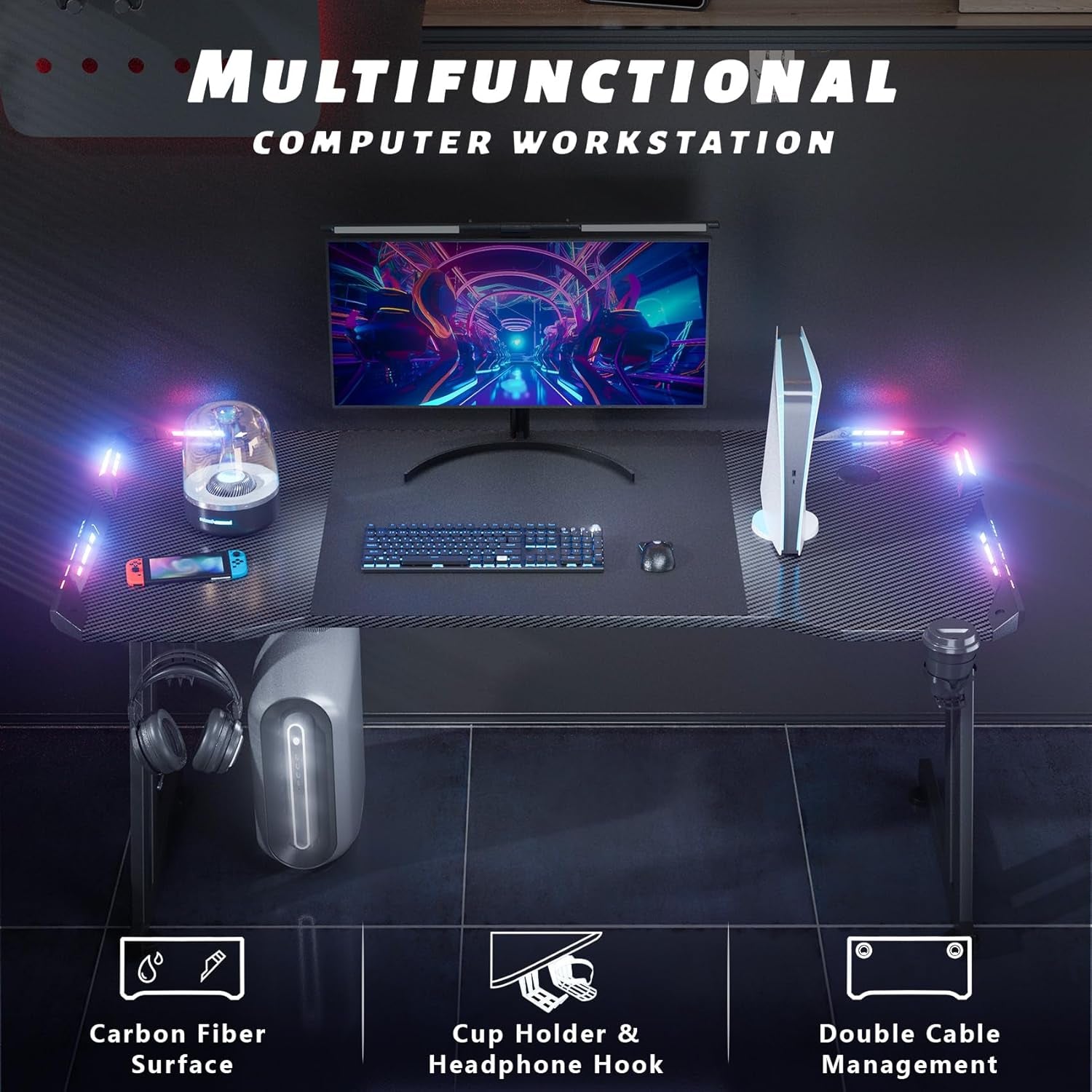 47 Inch Gaming Desk with LED Lights, Large RGB Computer Gaming Desk Table with Cup Holder Headphone Hook Mouse Pad, Ergonomic Modern Carbon Fiber Mesa Gamer Pc Work Home Office Desks, Black