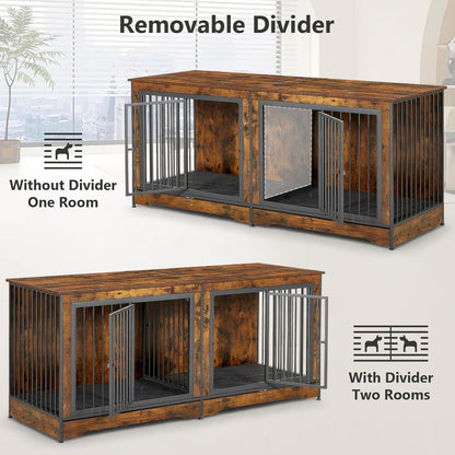 75" Dog Crate Furniture for 2 Dogs, Wooden Extra Large Double Dog Cage Furniture, Decorative Dog Kennels with Double Doors, Indoor Dog Crate TV Stand for Large Dogs, Brown