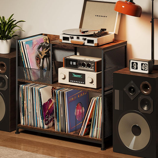 3 Tier Record Player Stand Holds up to 300 Albums with 4 Adjustable Divider for Turntable Stand, Large Vintage Record Player Table with Vinyl Record Holder Cabinet-Patent Pending