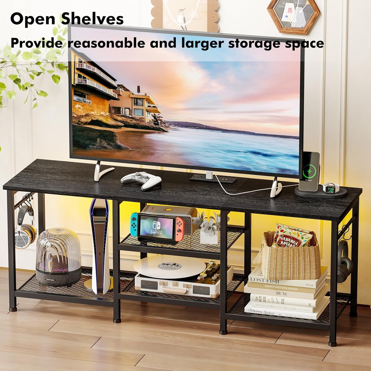 Black TV Stand Entertainment Center for 55 Inch Tvs, with Charging Station and Lights Open Storage Shelves, TV Media Console, Open Storage Shelf with Sound Rack for Living Room, Bedroom