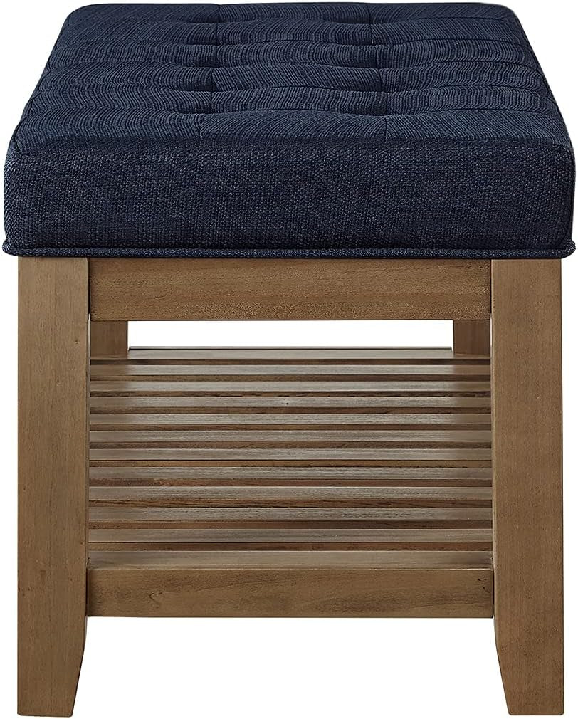 Large Rectangular Upholstered Tufted Linen Fabric Ottoman Bench, Padded Bench with Solid Wood Shelf-Navy Blue
