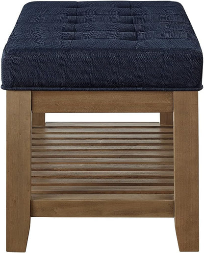 Large Rectangular Upholstered Tufted Linen Fabric Ottoman Bench, Padded Bench with Solid Wood Shelf-Navy Blue