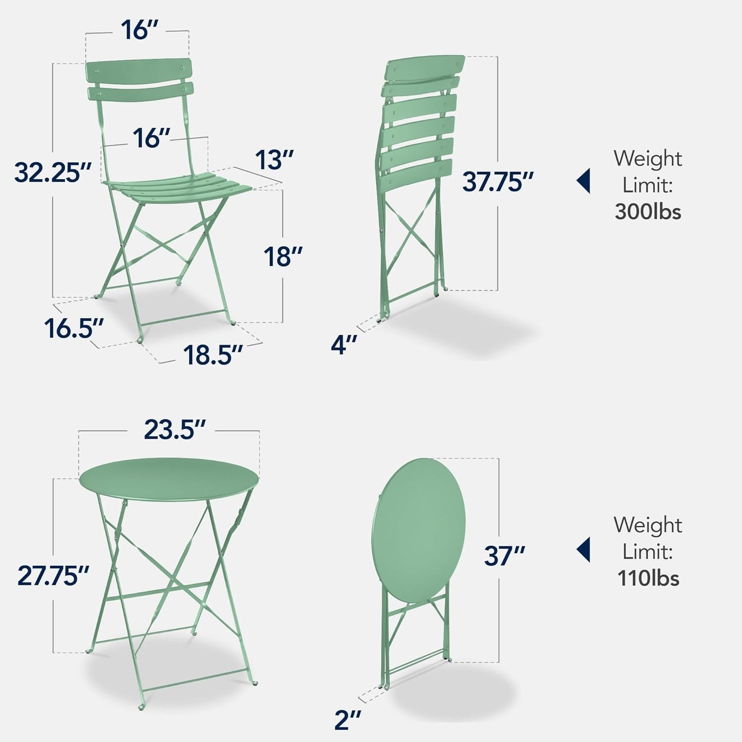 3-Piece Bistro Set, Space Saving Folding Design, Solid Steel, Outdoor Patio Furniture Set W/ 2 Chairs, Bistro Table - Sage