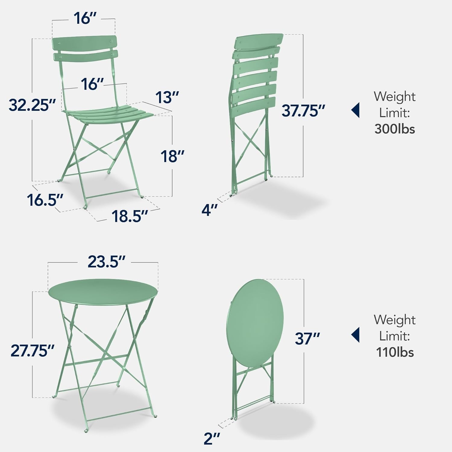 3-Piece Bistro Set, Space Saving Folding Design, Solid Steel, Outdoor Patio Furniture Set W/ 2 Chairs, Bistro Table - Sage