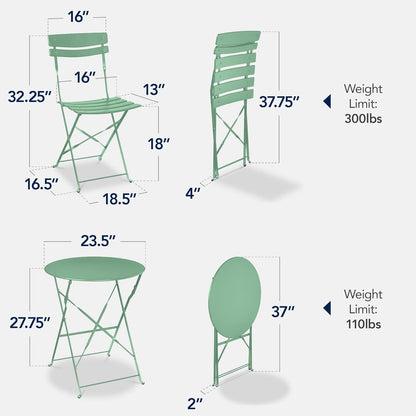 3-Piece Bistro Set, Space Saving Folding Design, Solid Steel, Outdoor Patio Furniture Set W/ 2 Chairs, Bistro Table - Sage