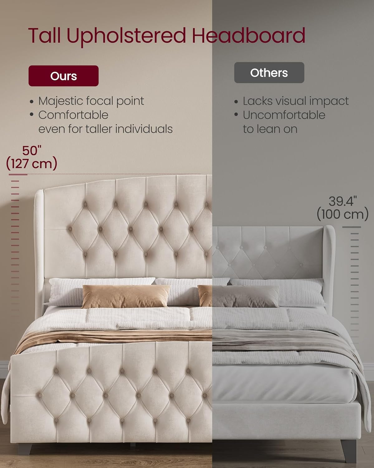 Queen Bed Frame with Tall Headboard, Upholstered Platform Bed Frame Queen Size, with Wingback Tufted Headboard and Footboard, Wooden Slats, No Box Spring Needed, Cappuccino Beige URMB881W01