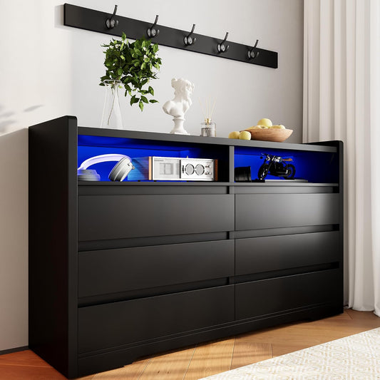 6 Drawer Dresser with Wall Hook, LED Lights & Power Outlet, Simply Chest of Drawers & Open Storage Shelves, Modern TV Stand Console Table Cabinet for Bedroom, Black