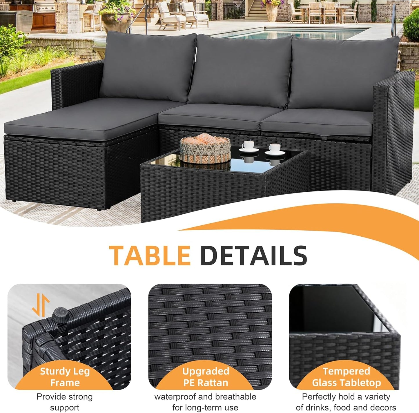 4 Pieces Patio Furniture Sets, Outdoor Sofa Patio Sectional Sets All Weather, 2-In-1 Wicker Rattan Seating Sofa Couch with Cushions & Coffee Table for Yard, Garden, Porch, Poolside (Gray)