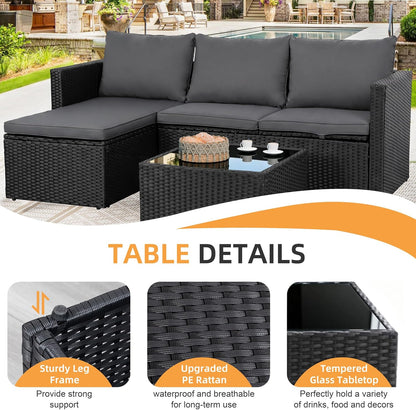 4 Pieces Patio Furniture Sets, Outdoor Sofa Patio Sectional Sets All Weather, 2-In-1 Wicker Rattan Seating Sofa Couch with Cushions & Coffee Table for Yard, Garden, Porch, Poolside (Gray)
