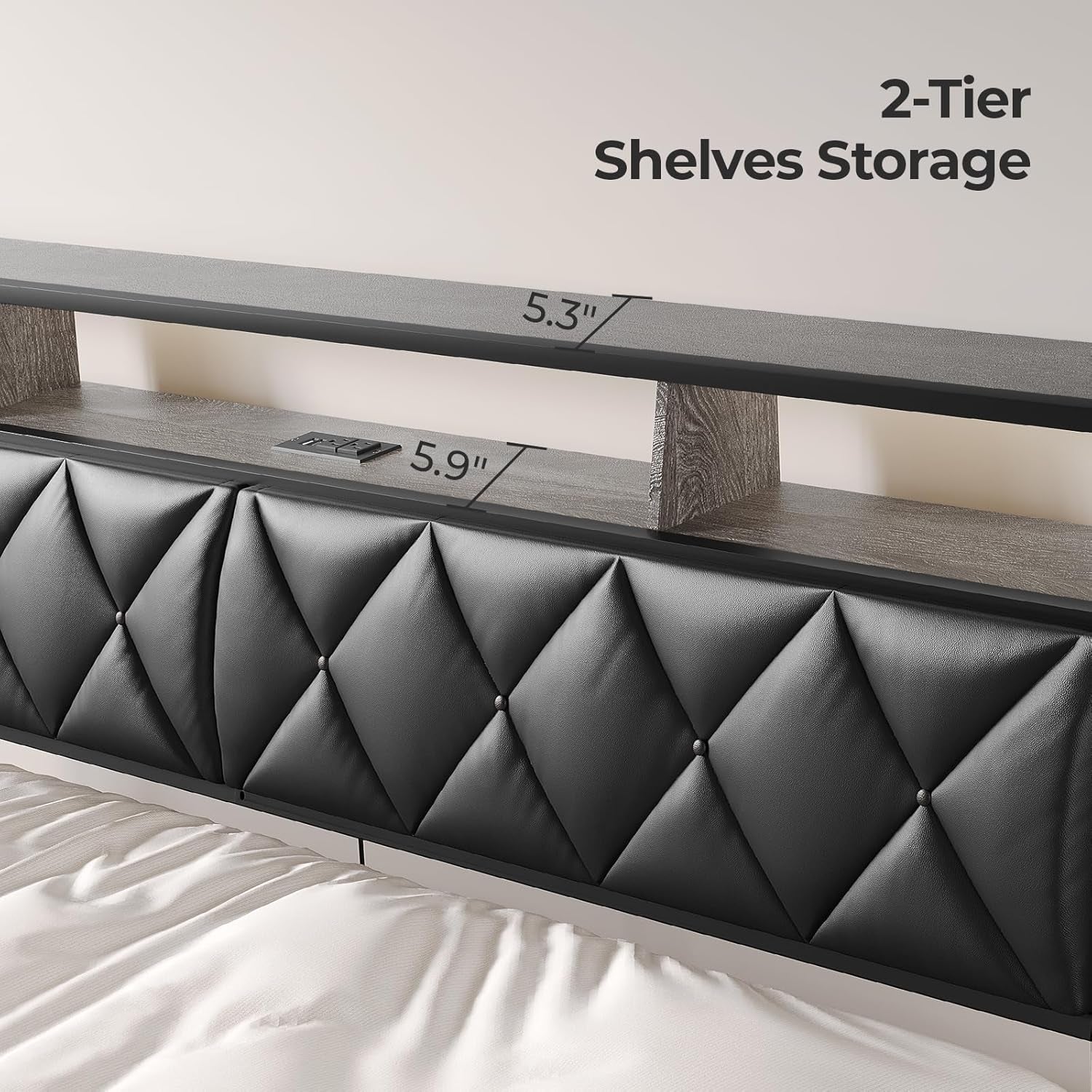 Queen Headboard Only, Headboard for Queen Size Bed with Storage, Upholstered Headboards with LED Lights & Charging Station, Attach Frame, Ideal for Bedroom/Dorm/Guest Room, Black, Faux Leather