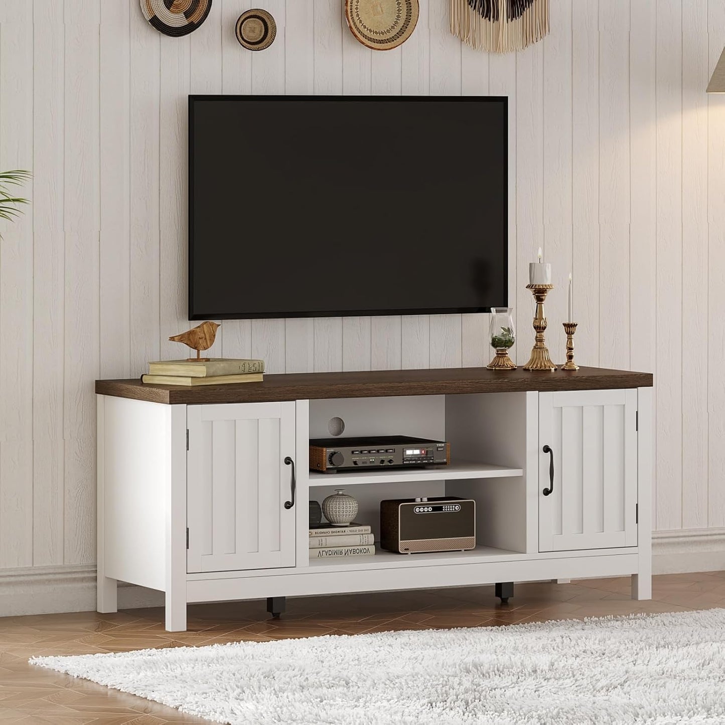 Farmhouse TV Stand, Wood Fluted Door Entertainment Center with Storage Cabinets and Open Shelves, Rustic Media Console up to 55 Inches for Living Room, Bedroom, White