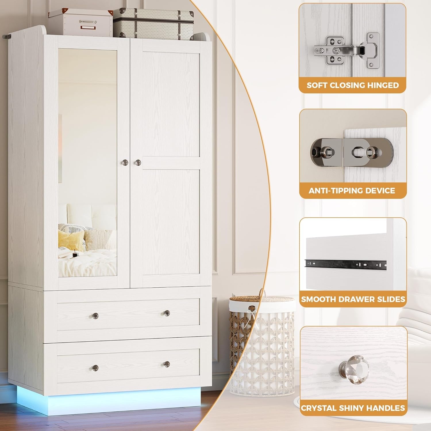 Wardrobe Closet with LED Light & Mirror, Wooden Modern Armoire with 2 Drawers and Hanging Rod, Large Capacity Storage Closet for Bedroom, White