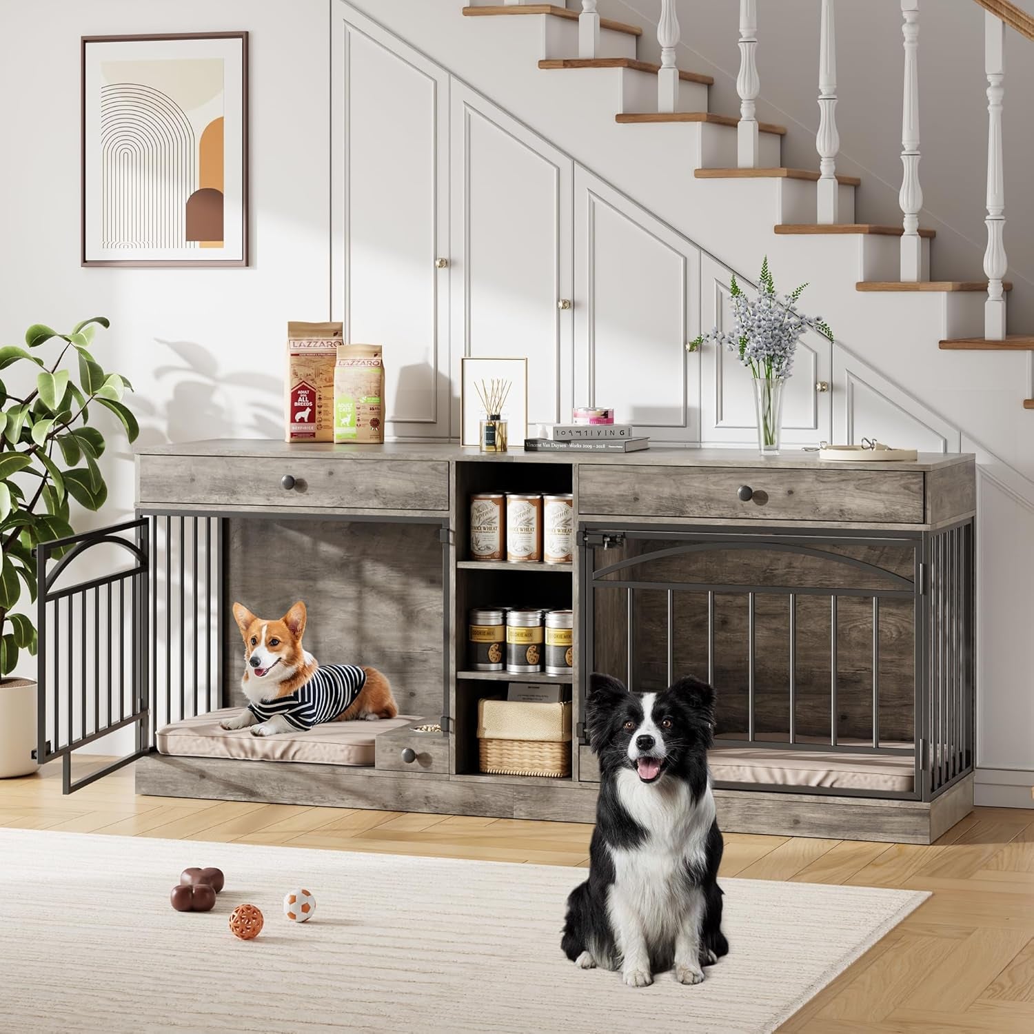 Dog Crate Furniture for 2 Dogs, Dog Kennel Indoor with Storage and Feeding Bowls, Double Dog Crate TV Stand for Small Medium Dogs, Grey