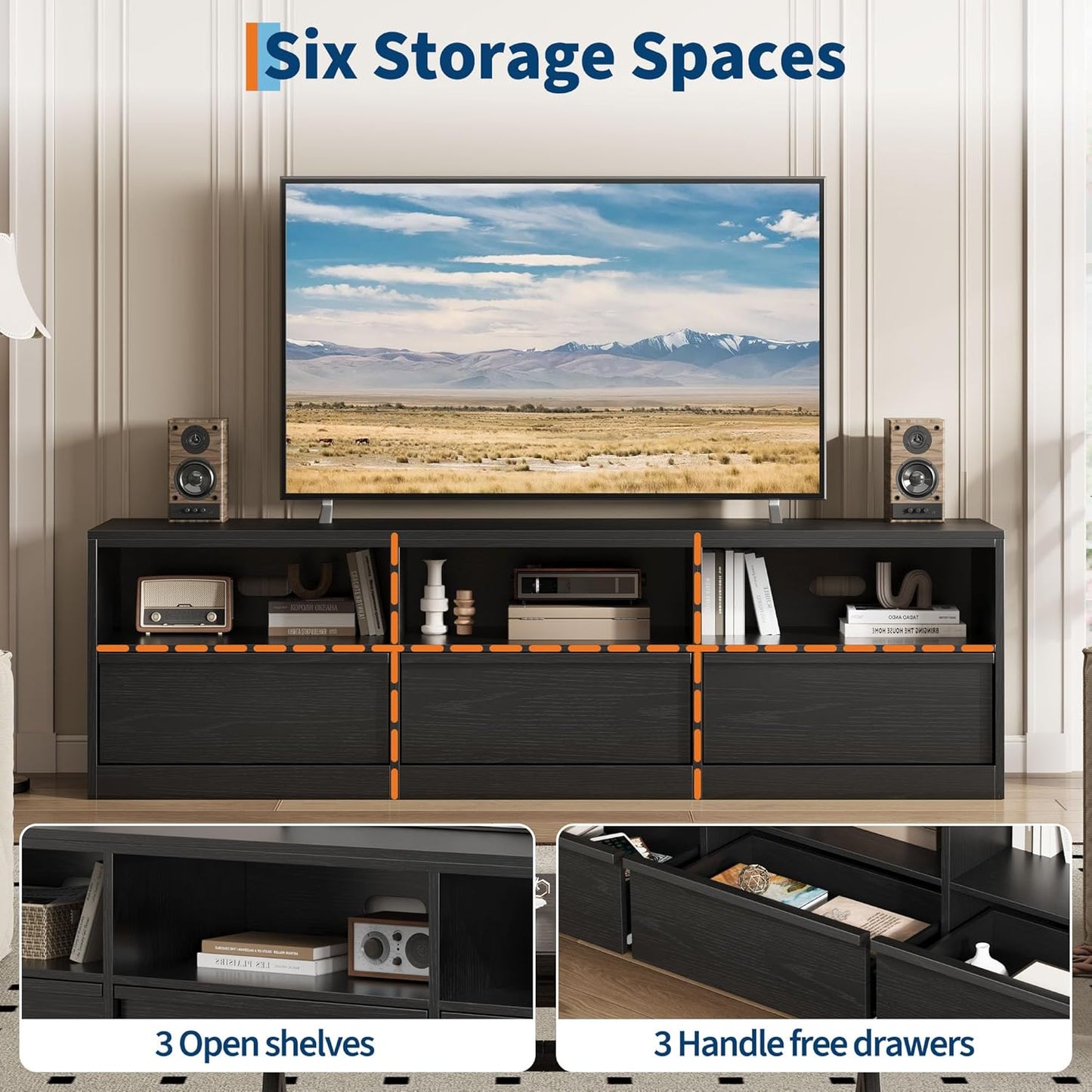 70 Inch TV Stand for 80" Tvs, Mid Century Modern Entertainment Center with Storage Drawer & Open Shelves, Wood Media Console Cabinet for Living Room/Bedroom, Black