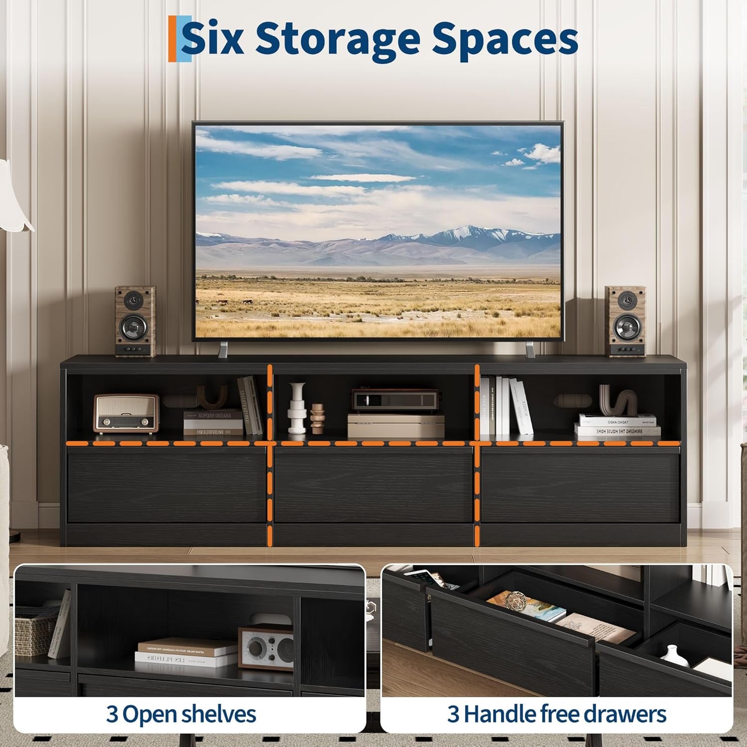 70 Inch TV Stand for 80" Tvs, Mid Century Modern Entertainment Center with Storage Drawer & Open Shelves, Wood Media Console Cabinet for Living Room/Bedroom, Black