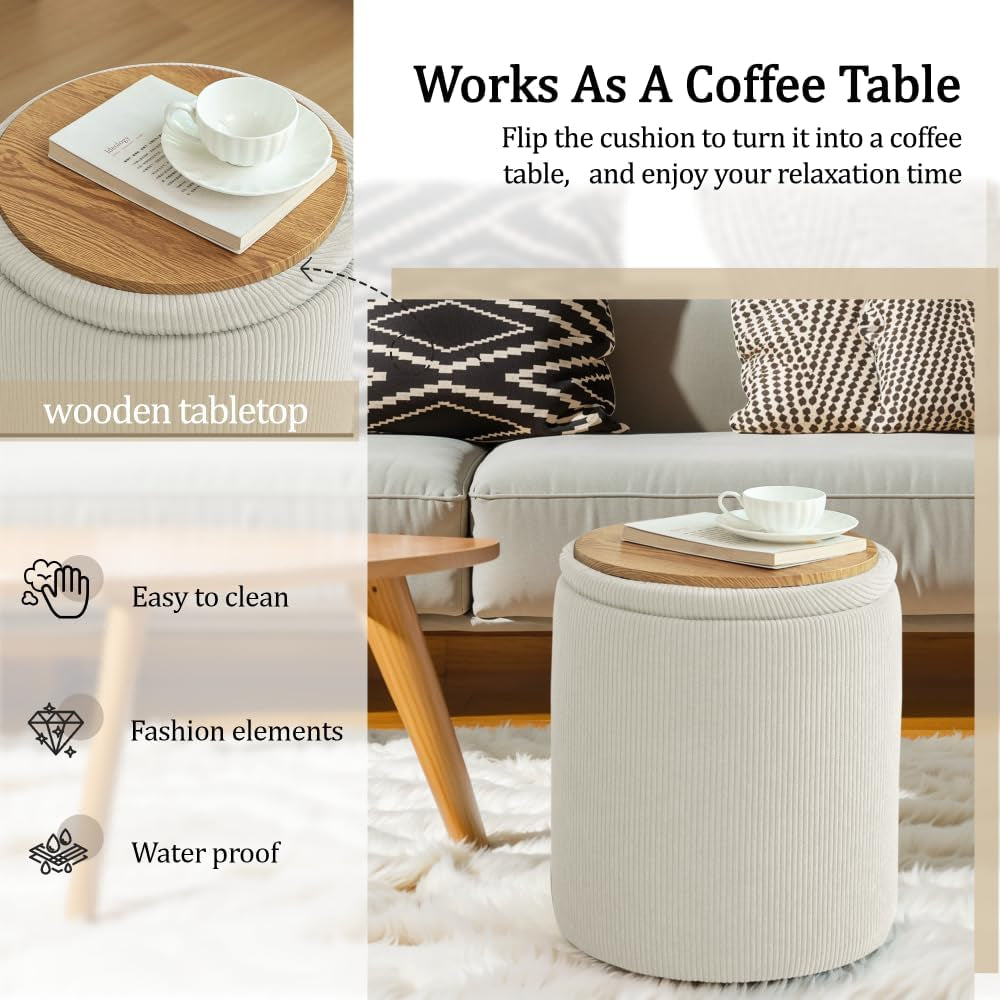 round Ottoman with Storage, Set of 2, Small Vanity Stool as Vanity Chair, Corduroy Ottoman Foot Rest for Small Space, Living Room, Bedroom, Beige