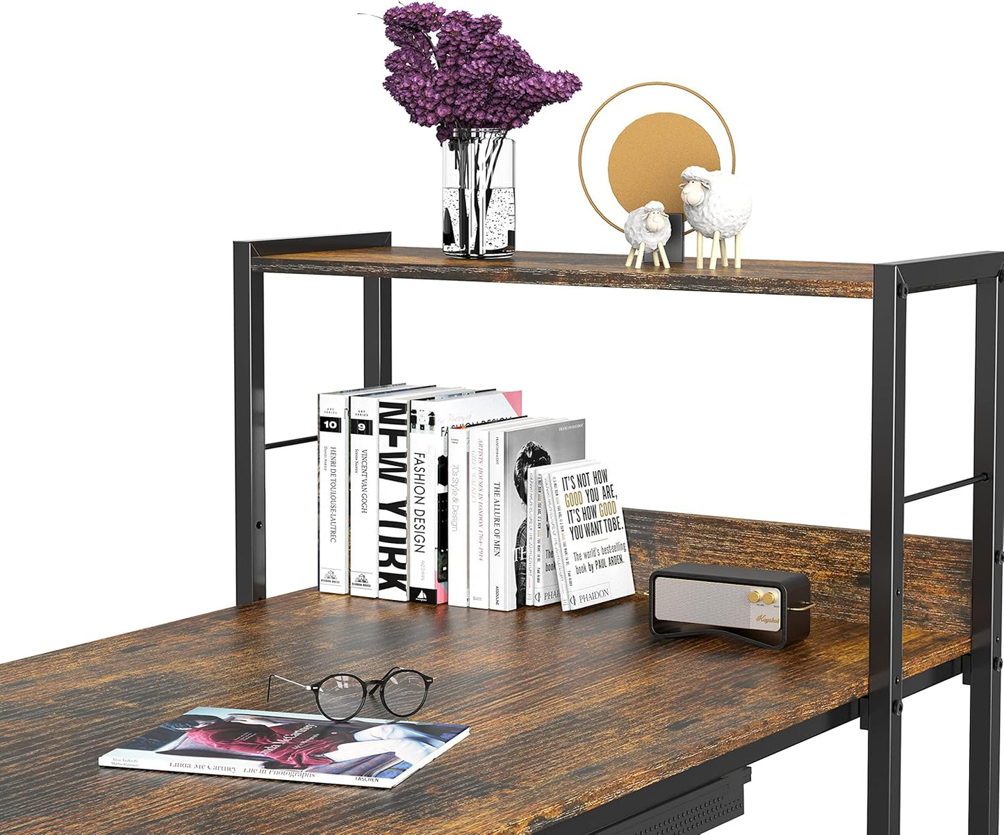 46-Inch Home Office Mission Computer Desk with Side Shelf and Drawer, Rustic Brown