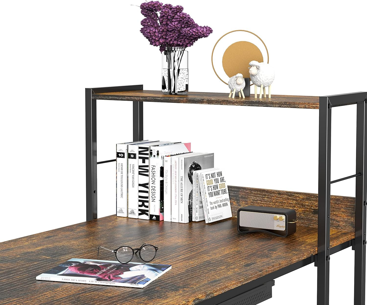 46-Inch Home Office Mission Computer Desk with Side Shelf and Drawer, Rustic Brown