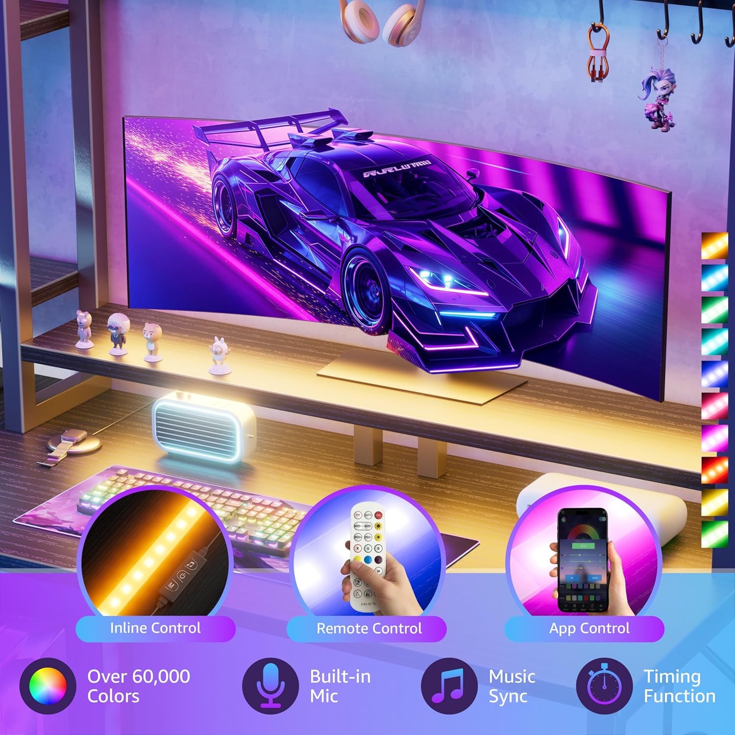 L Shaped Gaming Desk with Shelves - 48 Inch Corner Computer Desks with Storage Hutch Shelf Reversible Pegboard Led Lights Power Outlets PC Monitor Stand for Bedroom, Black