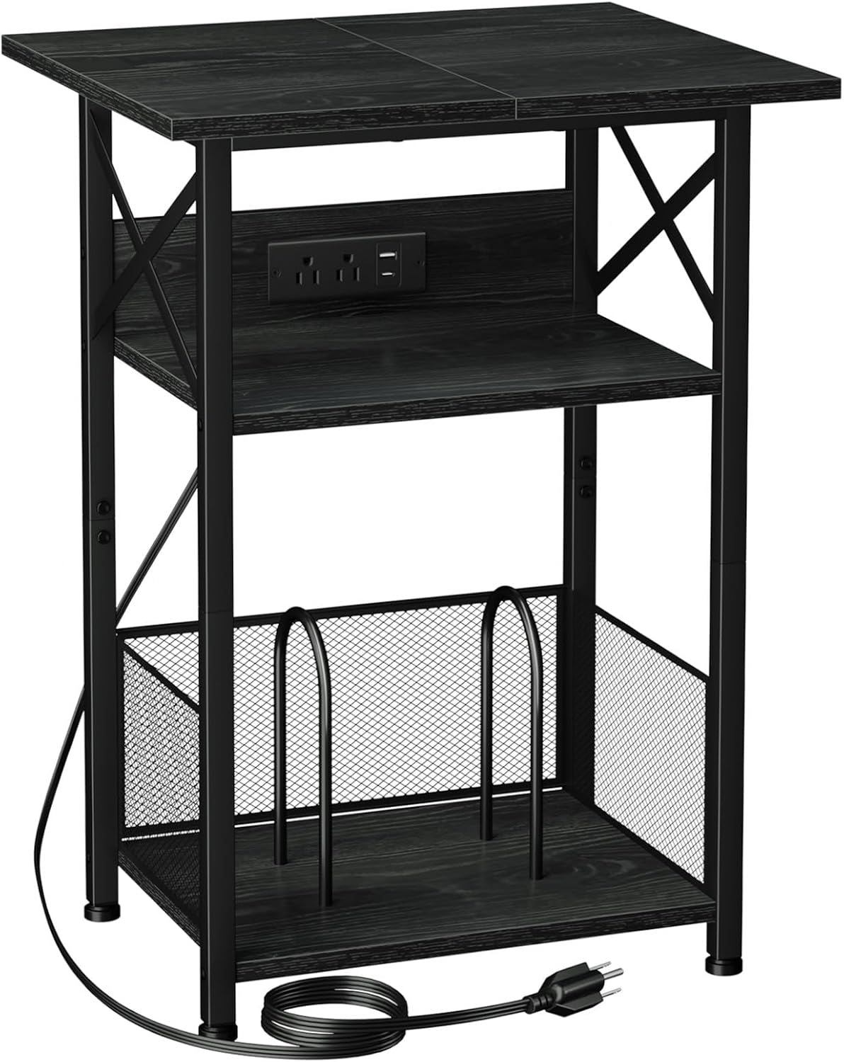 Record Player Stand with Charging Station, Large Turntable Stand with Storage Cabinet, 3 Tier End Table Hold up to 100 Albums, Record Stand for Vinyl, Living Room, Black, HETCD012BK-1