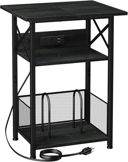 Record Player Stand with Charging Station, Large Turntable Stand with Storage Cabinet, 3 Tier End Table Hold up to 100 Albums, Record Stand for Vinyl, Living Room, Black, HETCD012BK-1