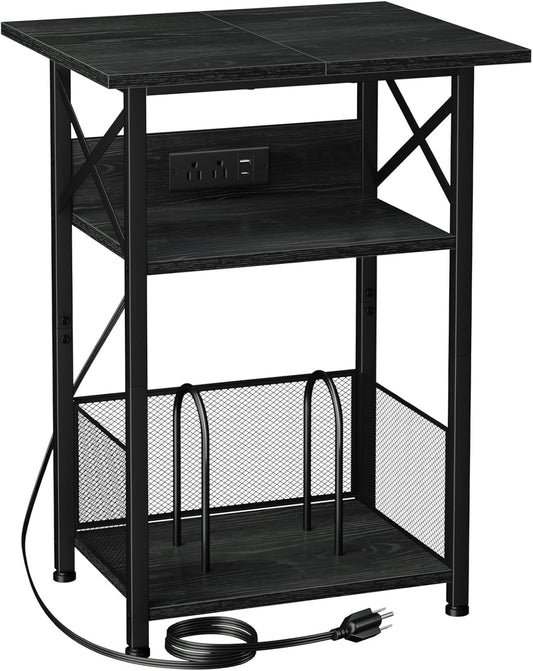 Record Player Stand with Charging Station, Large Turntable Stand with Storage Cabinet, 3 Tier End Table Hold up to 100 Albums, Record Stand for Vinyl, Living Room, Black, HETCD012BK-1