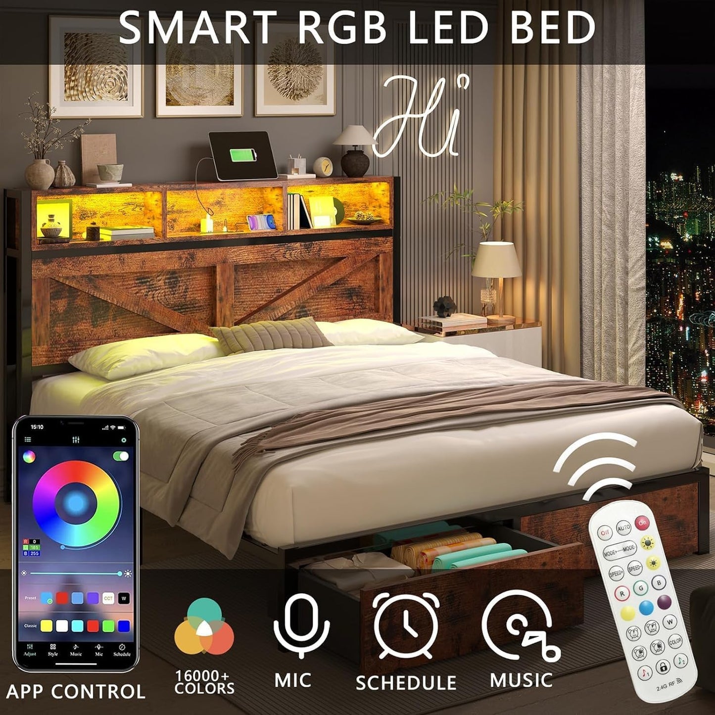 Farmhouse Queen Bed Frame with Bookcase Headboard and Storage Drawers, LED Lights and Charging Station, No Box Spring Needed, Noise Free, Rustic Brown