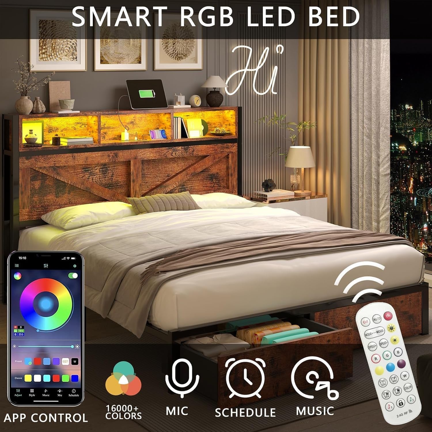 Farmhouse Queen Bed Frame with Bookcase Headboard and Storage Drawers, LED Lights and Charging Station, No Box Spring Needed, Noise Free, Rustic Brown