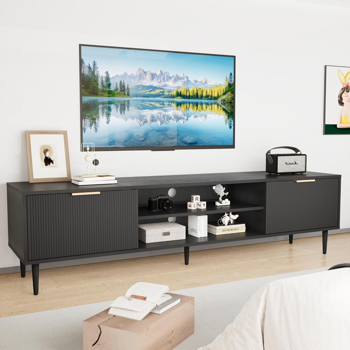 Black TV Stands, Mid Century Modern TV Stand, with 2 Large Storage Cabinets, for Tvs up to 75 In, Black Entertainment Center with Fluted Panel Design, Tvs Stands for Living Room, for Bedroom, Office