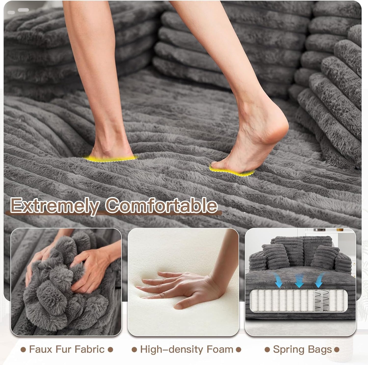 56" Oversized Chaise Lounge Chair Indoor,Plush Faux Fur Sleeper Sofa Couch Bed with Pillows&Wide Armrests,Fluffy Comfy Cloud Couch,Compression Foam Couch for Living Room,Bedroom(Grey)