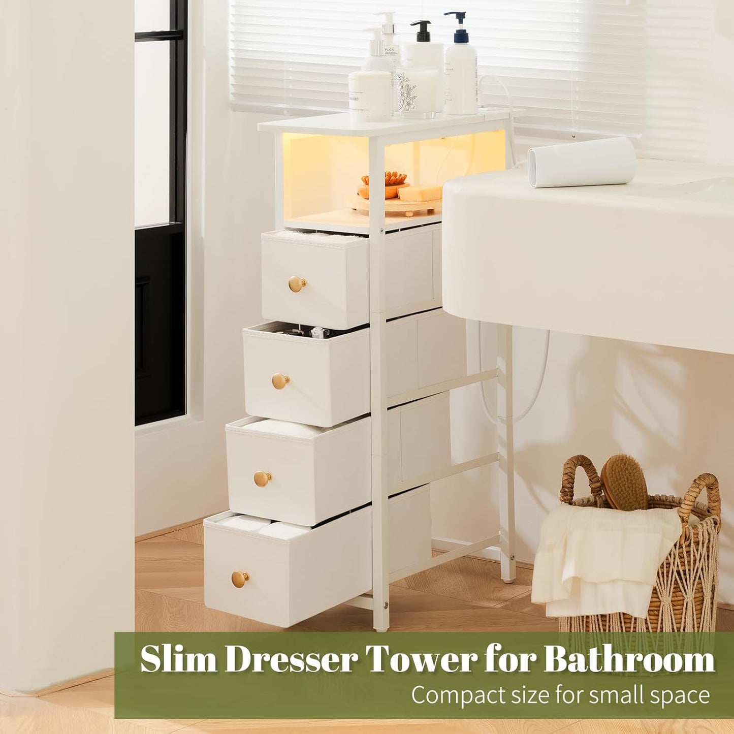 Narrow Dresser for Bedroom, LED Slim Nightstand with Charging Station, Small Dressers Chest of Drawers, Narrow Side Table End Table Tall Skinny Cabinet Night Stand for Small Spaces, White