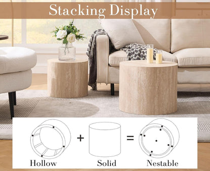 round Wood Nesting Coffee Table Set of 2, Modern Circle Travertine End Side Table Sets for Living Room, Light Wooden Color/No Assembling