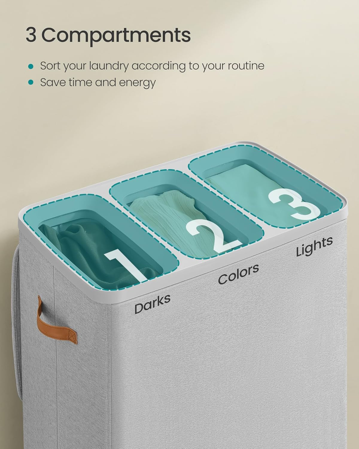 Laundry Basket, 50.2 Gal. Laundry Hamper, 3 Compartments, Easy Assembly, with Lid and Handles, Removable Liners, 25.2 X 15.7 X 29.5 Inches, Dove Gray ULCB814GD01