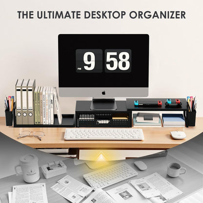 Desk Organizers and Accessories, Dual Monitor Stand Riser with Drawer and 2 Pen Holders, Desk Shelf Metal Computer Racks for Office Workspace Organizers, Desktop Organization (Black)