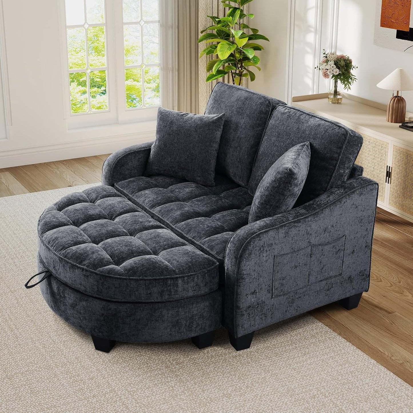 Chaise Lounge Chair Indoor, Chenille Oversized Sofa Chair with Storage Ottoman & Adjustable Backrest, Fluffy Loveseat Sofa, Comfy Convertible Sleeper Couch Bed for Living Room, Bedroom(Pink)