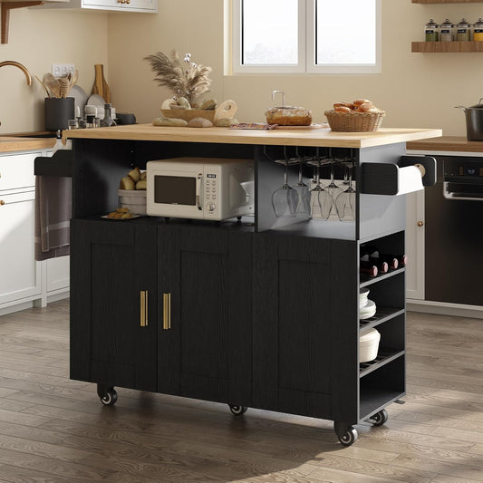 Rolling Mobile Kitchen Island with Storage and Drop Leaf, Island Table with Countertop Power Socket and Wheel (Black, Model 1.2)