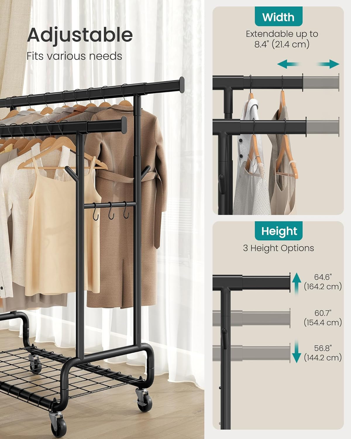 Clothes Rack, Heavy-Duty Rolling Clothing Garment Rack with Wheels, Extendable Double Hanging Rods and Adjustable Height, Portable, with Shelf and Hooks, Ink Black UHSR015B01