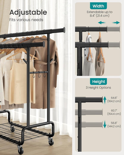 Clothes Rack, Heavy-Duty Rolling Clothing Garment Rack with Wheels, Extendable Double Hanging Rods and Adjustable Height, Portable, with Shelf and Hooks, Ink Black UHSR015B01